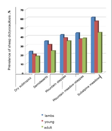 Distribution of dictyocaulosis (caused by D. filaria) in various age groups of sheep in various landscape zones of Armenia